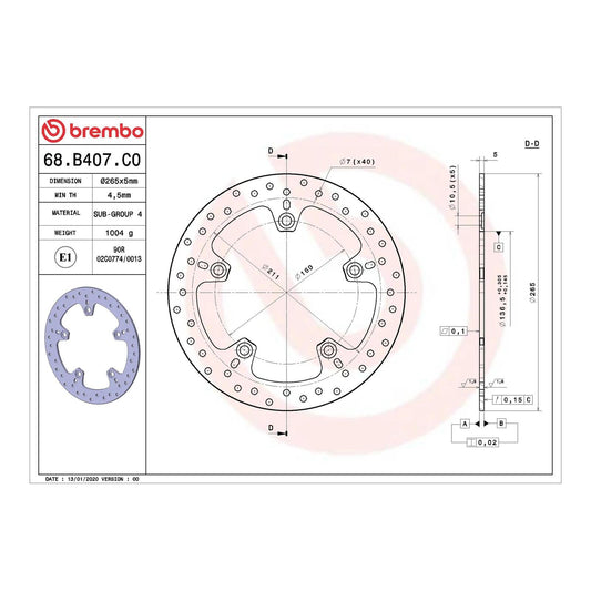 Brembo Prime Serie Oro Rear Brake Disc 68B407C0