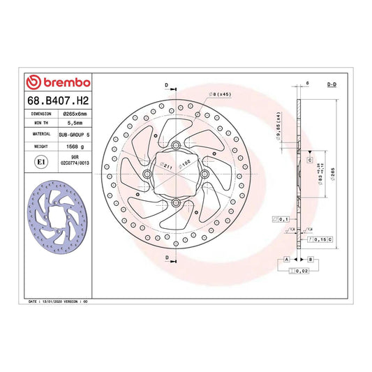 Brembo Prime Serie Oro Rear Brake Disc 68B407H2