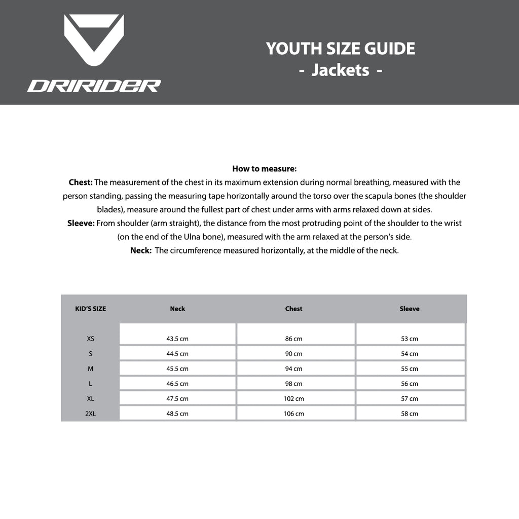 DRIRIDER Size Chart - YOUTH Jackets