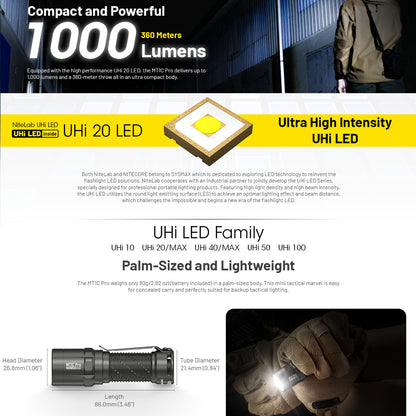 NITECORE MT1C PRO 1000 LUMEN IP68 EDC FLASHLIGHT 505 YARDS THROW
