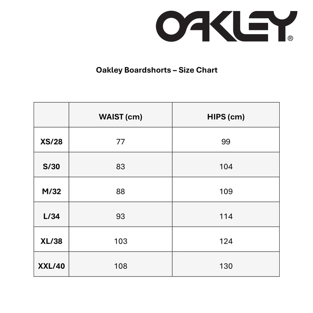 Oakley Boardshorts Size Chart