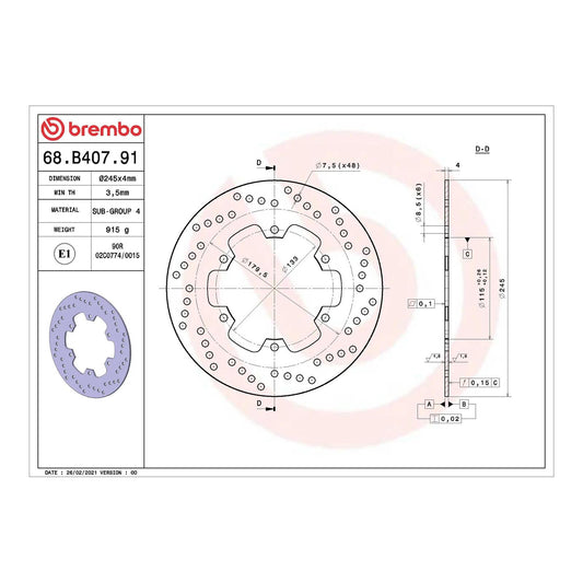 Brembo Prime Serie Oro Rear Brake Disc 68B40791