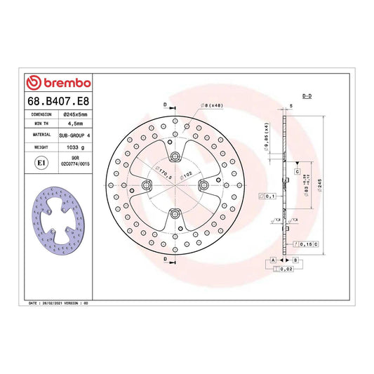 Brembo Prime Serie Oro Rear Brake Disc 68B407E8