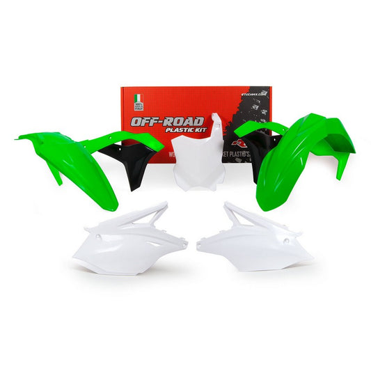 PLASTIC RTECH FRONT FENDER GREEN REAR FENDER SIDEPANEL & NUMBERPLATE WHITE SHROUD GREEN/BLACK KX25