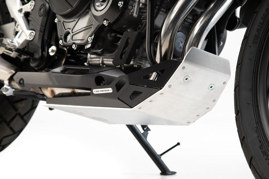 BASH PLATE SW MOTECH SILVER 4MM ALUMINUM UNDERBODY BLACK 2.5MM THICK SIDE WALLS HONDA CB500X 19-ON