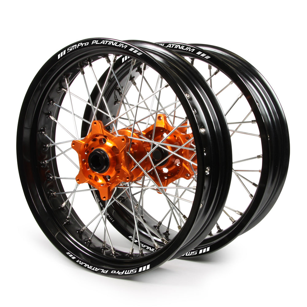 WHEEL SET SM PRO PLATINUM SUPERMOTO NON CUSH BLACK RIMS / ORANGE HUBS WHEEL SET