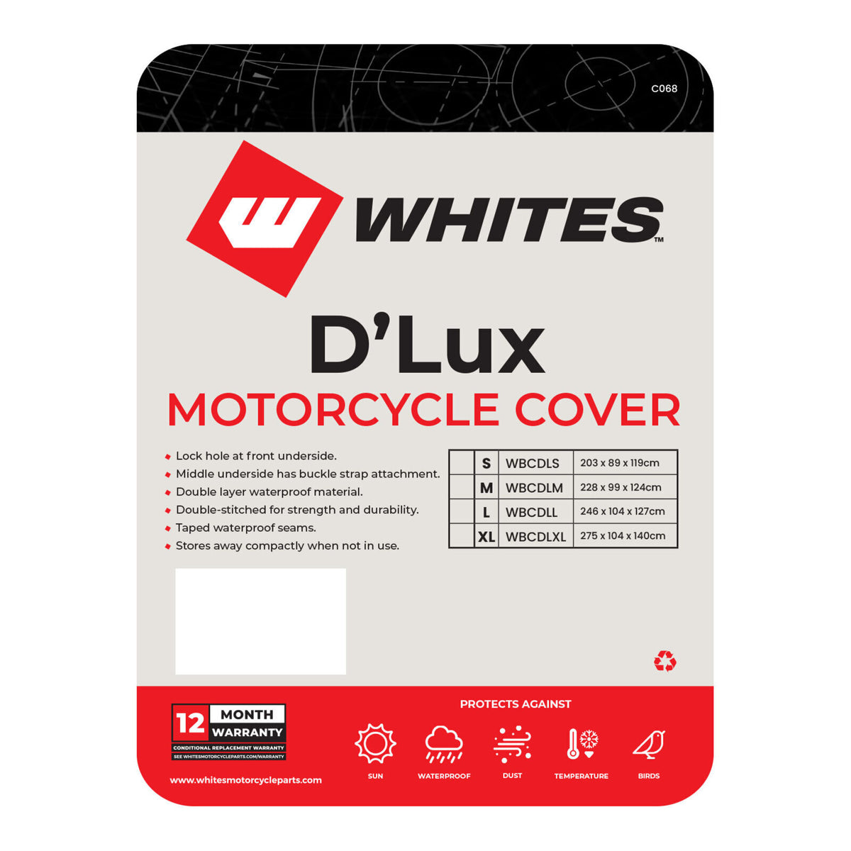 Whites Motorcycle Cover - D'Lux (L / 246 x 104 x 127cm)