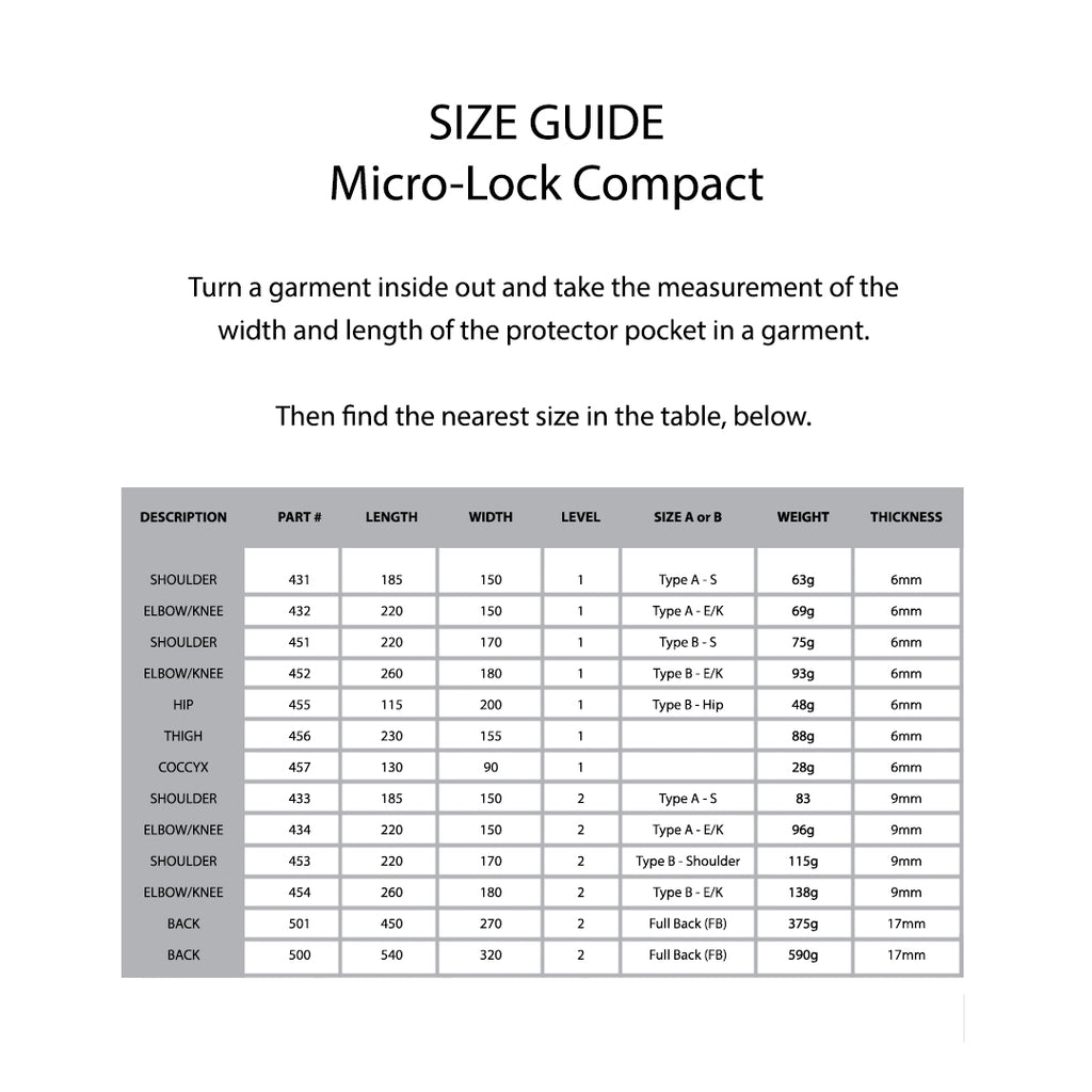 KNOX Size Chart - MicroLock Compact