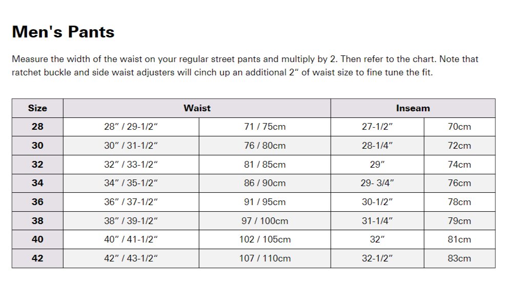 ANSWER Mens Pants Size Charts