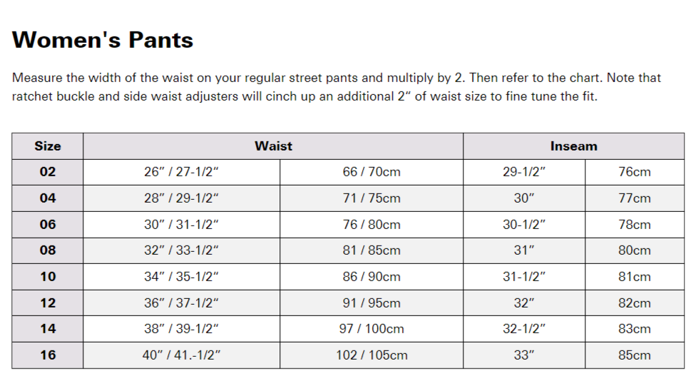 ANSWER Womens Pants Size Chart